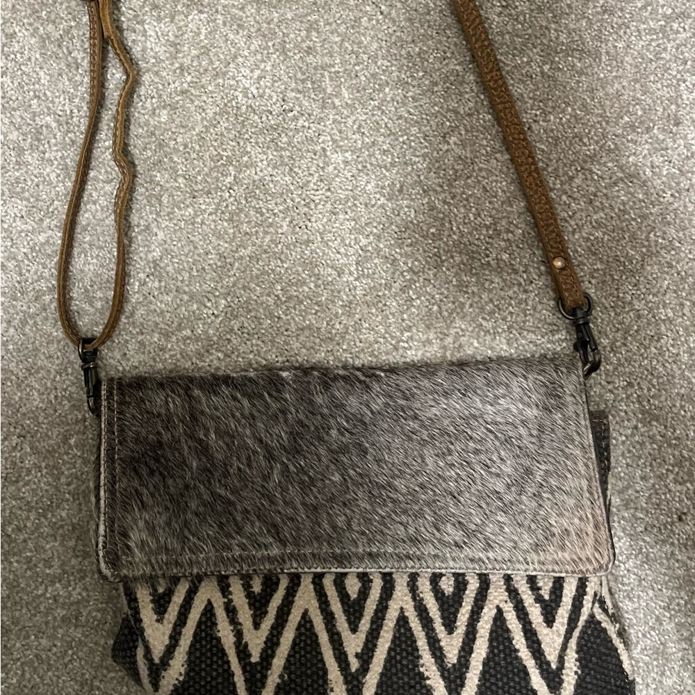 Myra Canvas/Animal Fur Crossbody Handbag
